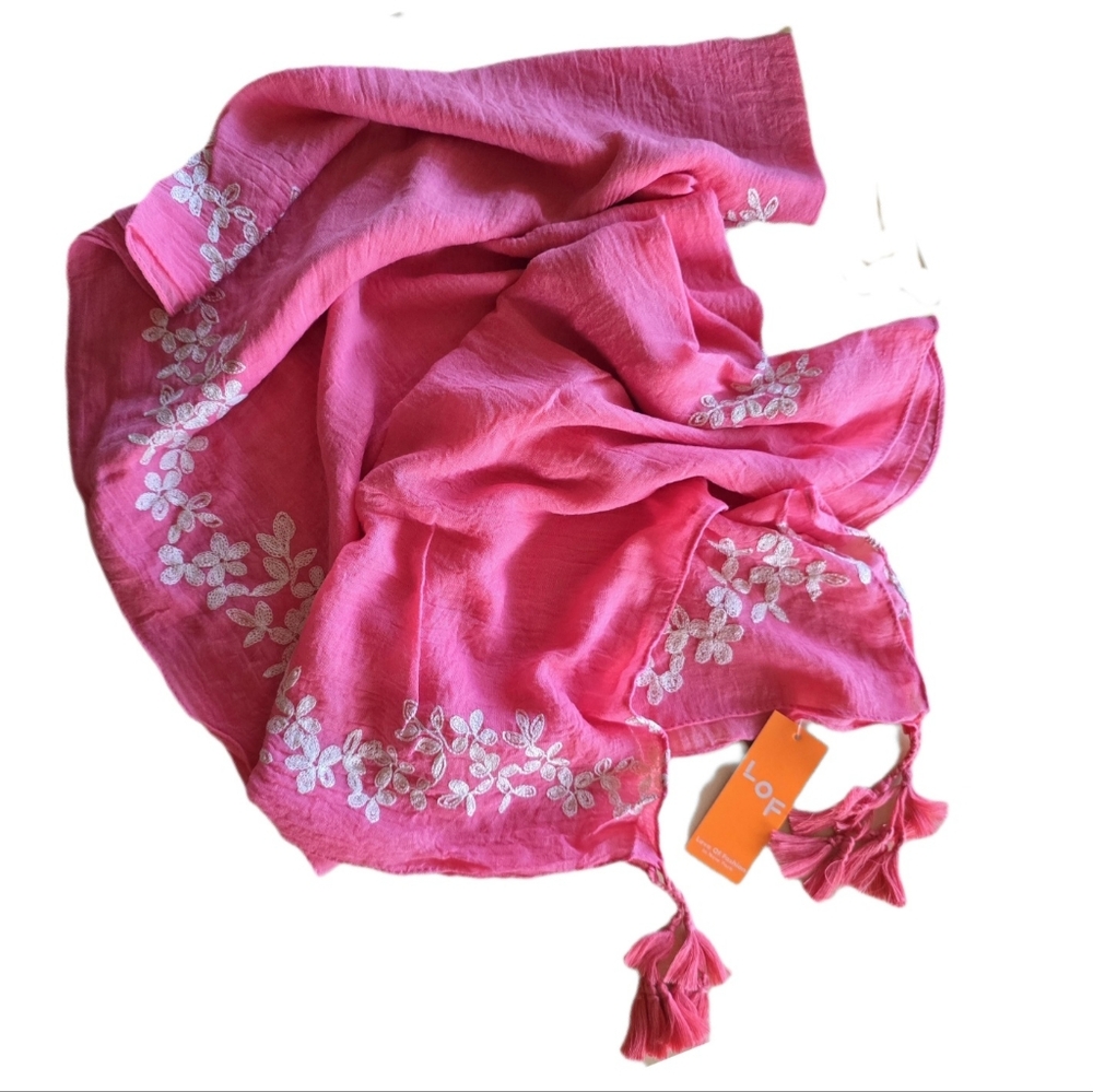 LOF Love of Fashion Coral Pink Embroidered Wrap Scarf NWT
